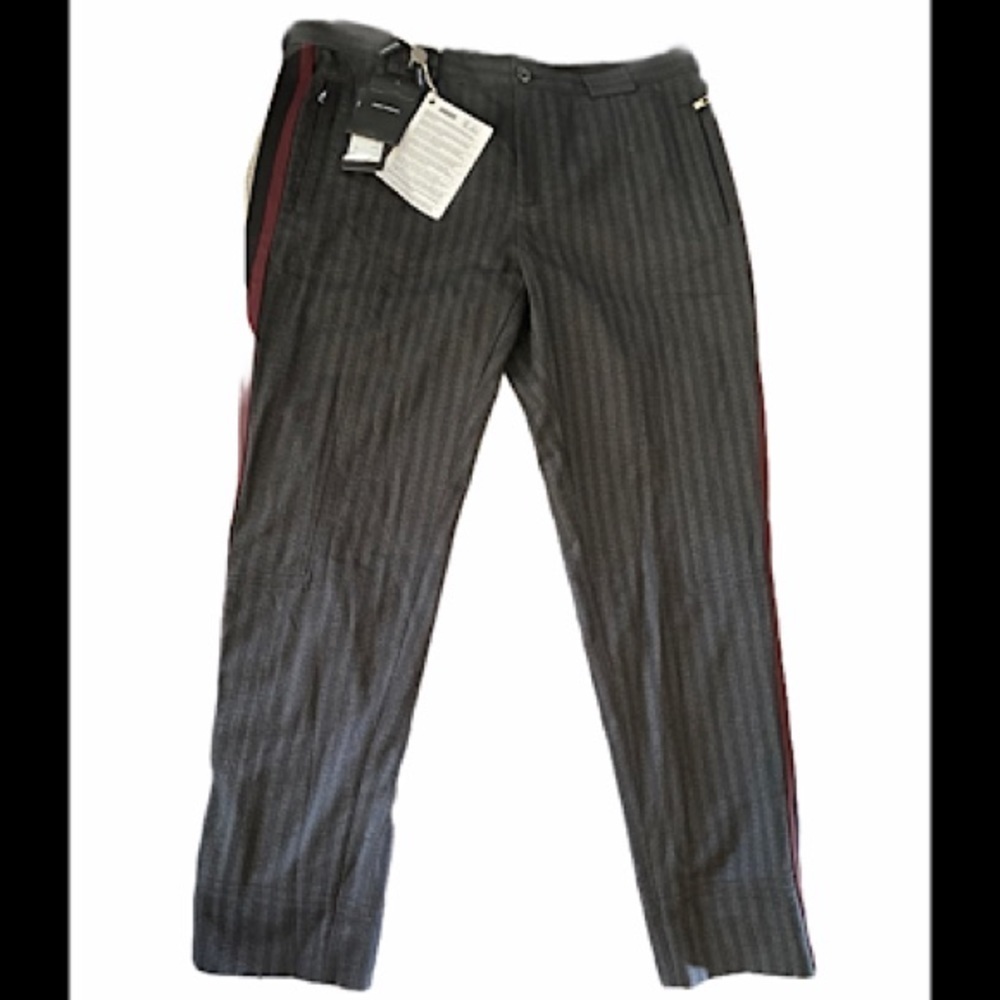 Nwt Dolce & Gabbana Gray Pinstripe Wool Blend Trousers Burgundy Side Stripe 52